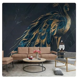 Modern Minimalist Art Golden Peacock Dark Marble Wallpaper Wall Mural for Living Room Bedroom Dinning Room