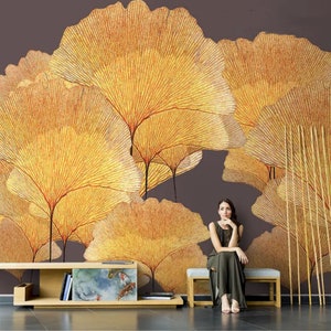 Yellow Ginkgo Leaf Wallpaper, Tropical Plant and Ginkgo Wall Mural for Living Room or Bedroom