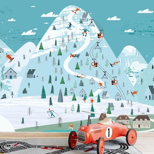 Cartoon Snow Filed Skiing Nursery Kids' Babies' Children's Room Wallpaper Wall Mural Wall Decor