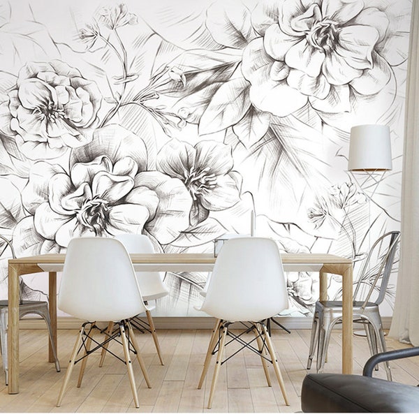 Black and White Sketch Flowers Wallpaper,  Wall Mural, Floral Wall Art,Wall Decal, Big Flowers Wall Sticke