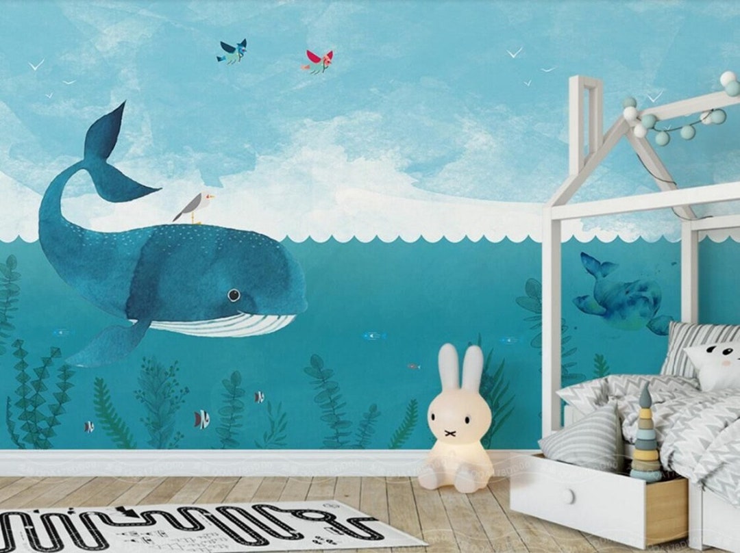 Simple Cartoon Whale Sea Children House Sky Blue Background Etsy 日本
