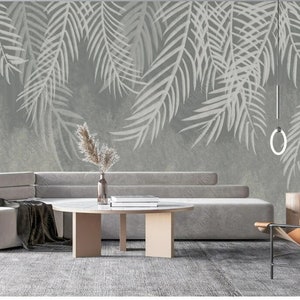 Grey Background Simple White Palm Leaf Wallpaper Wall Mural for Living Room Bedroom Dinning Room