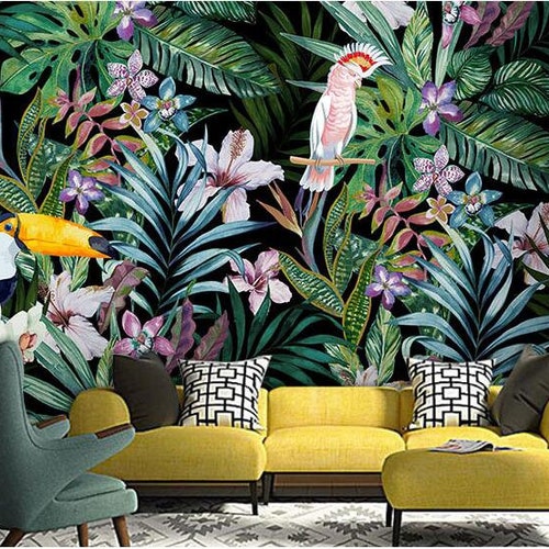 Custom Watercolor Flowers and Birds Wallpaper Tropical Rain - Etsy Ireland Custom Watercolor Flowers and Birds Wallpaper Tropical Rain - Etsy Ireland