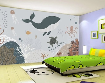 Whale Nursery Wallpaper Mural: Ocean World Peel & Stick Decor