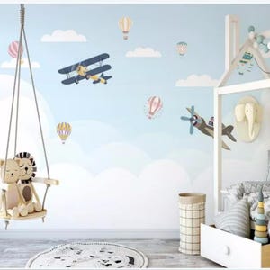Cartoon Blue Clounds Nursery Wallpaper, Hot-air Balloon and Airplane Kids' or Baby' Room Nursery Wall Murals