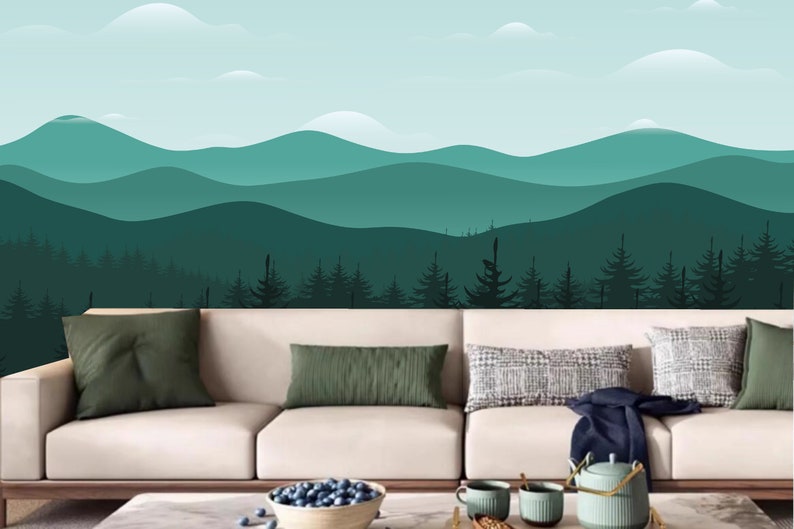 Cartoon Blue Mountains Kids' Babies' Children's Room Nursery Wallpaper Wall Mural Home Decor image 2