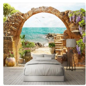 Garden Stone Arches Sea View Wallpaper Wall Mural for Living Room Bedroom Dinning Room