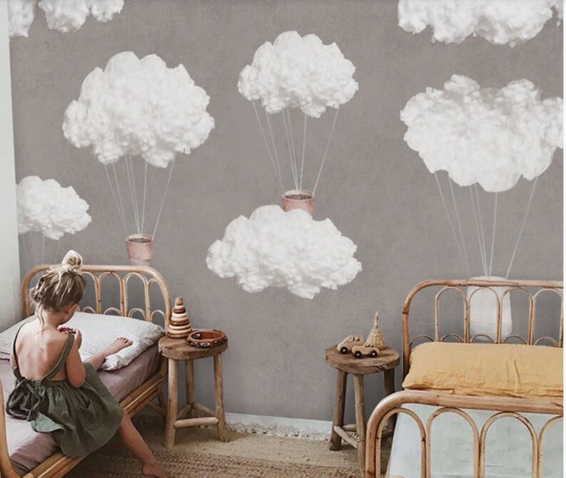 Cartoon White Clouds Nursery Wallpaper Grey Background Etsy