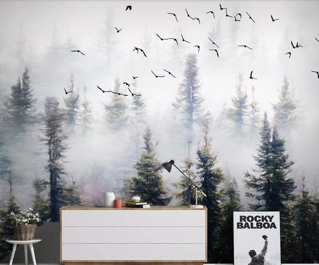 Custom Wallpaper Pine Forest Cloud Bird Wallpaper Background - Etsy