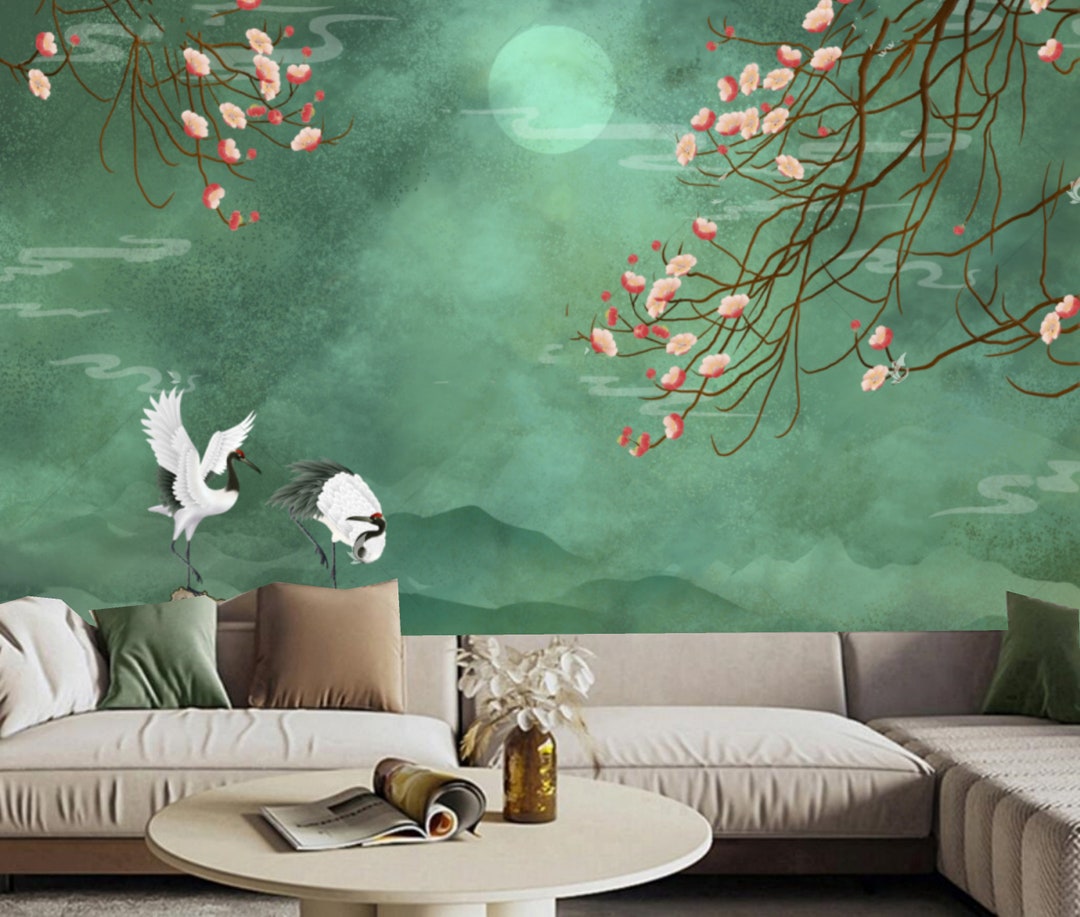 Chinoiserie Cherry Blossom Wallpaper: Green Flying Birds Wall Mural - Etsy