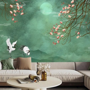 Chinoiserie Cherry Blossom Wallpaper: Green Flying Birds Wall Mural
