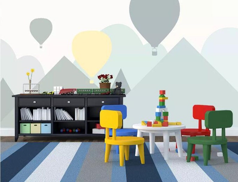 Hand Painted Cartoon Geometric Nursery Children Wallpaper Wall Mural Grey Geometric Mountain Hot-air Balloon Kid Children Room Wall Mural