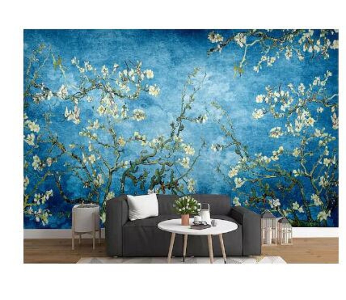Blue Background Magnolia Wallpaper Blue Flower Wall Murals Etsy
