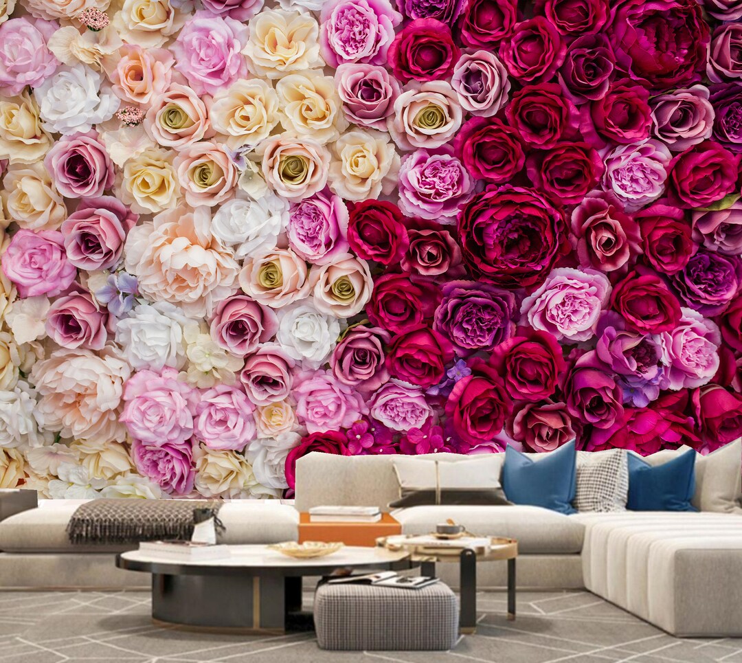 Pink Rose Floral Wallpaper Mural: Colorful Living Room Decor - Etsy