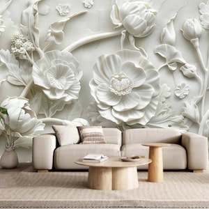 3D White Flowers Peony Plaster Wallpaper Wall Mural Home Decor for Living Room Bedroom or Dinning Room