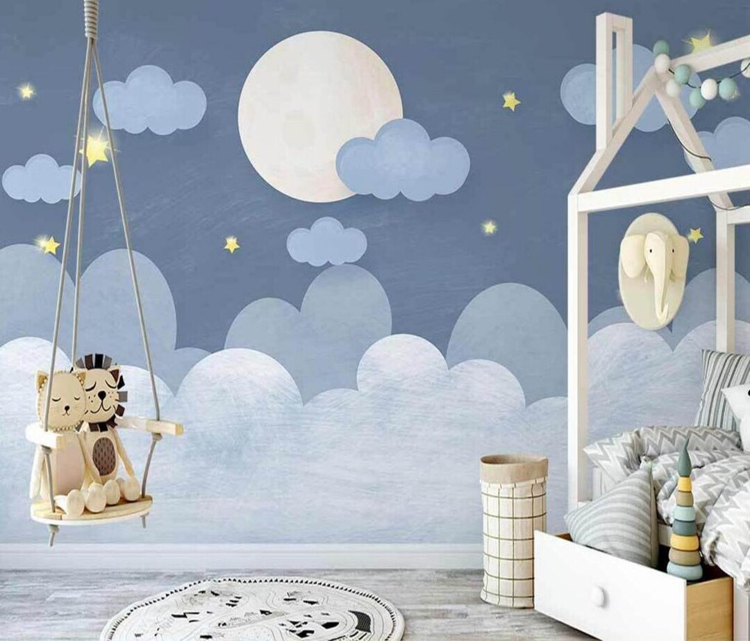 Blue Cartoon Clouds Starry Sky Kids Babies Room Nursery Wallpaper Wall ...
