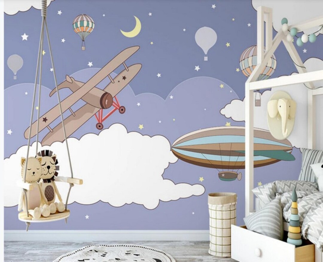 Cartoon Airplane Nursery Wallpaper: Blue Sky Kids Room Wall Mural - Etsy