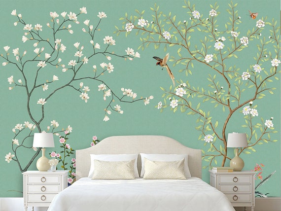 Chinoiserie Brushwork Light Green Background Flowers And Birds Wallpaper Home Decor Wall Murals Flying Birds And Flowers Floral Wallpaper