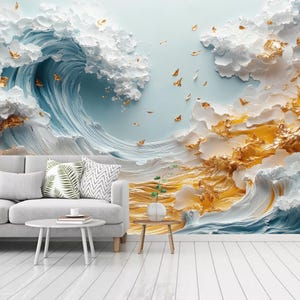3D Abstrakt Blau Meereswellen Tapete Wandbild Wohnkultur
