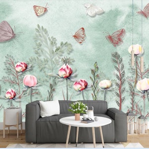 Pared de fondo de Mural Pastoral de planta de dibujos animados de acuarela pintada a mano fresca pequeña, flores rosadas, mural de mariposas
