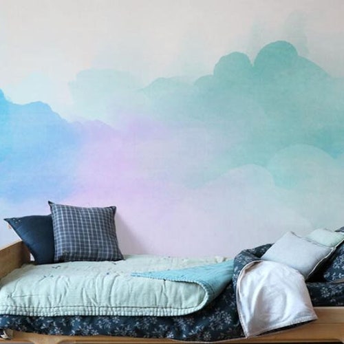 Abstract White and Blue Clouds Nursery Wallpaper Sky Blue Etsy Israel
