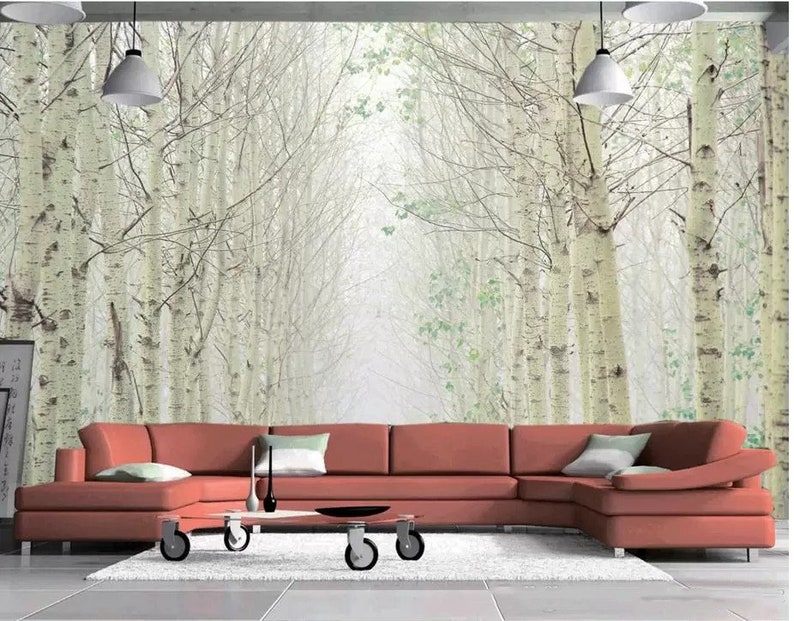 Green Birch Tree Forest Wallpaper Wall Mural Home Decor Etsy