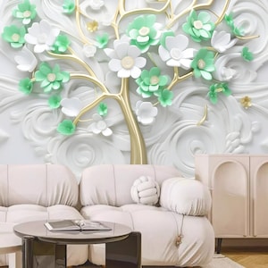 3D Grün Blumen Baum Wallpaper Wandbild: Goldener Stiel, Schälen & Aufkleben