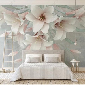 Hanging Big White Lily Wallpaper Wall Murals Home Decor for Living or Dining Room