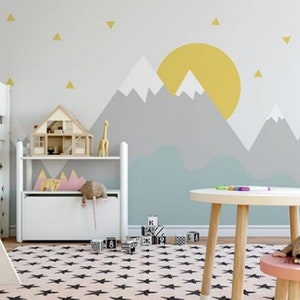 Hand Painted Cartoon Geometric Nursery Children Wallpaper Wall Mural, Grey Geometric Mountain with Sun & Stars Kid Children Room Wall Mural