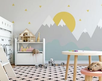 Geometric Mountain Nursery Wallpaper Mural: Grey, Sun & Stars