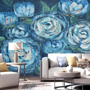 Blue Rose Floral Wallpaper Mural: Peel and Stick Home Decor