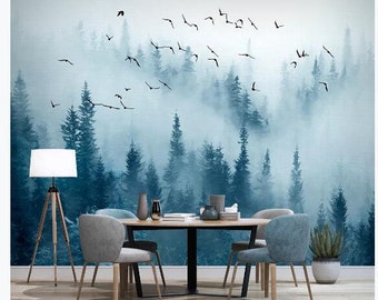 Watercolor Foggy Trees Forest Wallpaper, Flying Birds Wall Murals, Pine Trees Forest Wall Decor