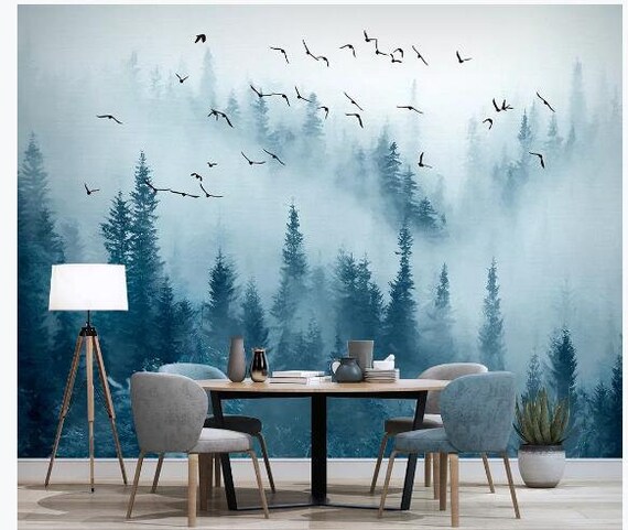 Watercolor Foggy Trees Forest Wallpaper Flying Birds Wall Etsy Singapore