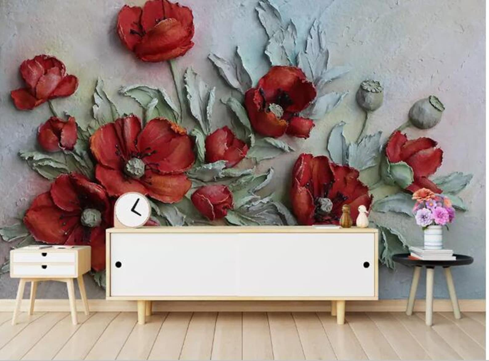 3D Embossed Floral Wallpaper, Red Poppy Flower Wall Mural Big Flowers ...