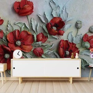 3D Embossed Floral Wallpaper, Red Poppy Flower Wall Mural Big Flowers ...