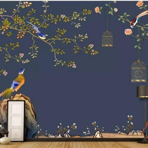 Chinoiserie Brushwork Hand Painted Hanging Cherry Tree and Birds Wallpaper, Vivid Birds and Birdcage Floral Wallpaper Home Decor Wall Murals