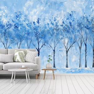 Blue Trees Forest Wallpaper Wall Mural for Living Room or Dinning Room Bedroom