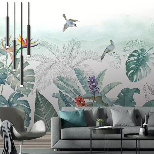 Hand Painted Tropical Plants Wallpaper Wall Mural, Flying Birds Leaves and Plants Wall Mural, Rainforest Tropical Plants Wall Murals