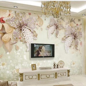 Carta da parati murale con fiori di diamanti 3D: decorazione murale floreale in stile europeo