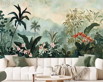 May include: A white sofa with green cushions sits in front of a tropical jungle mural. The mural features lush green foliage, palm trees, and pink and orange flowers.