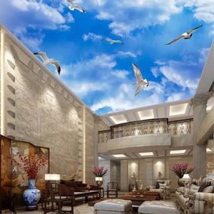 Blue Sky White Clouds Ceiling Wallpaper Wall Mural Hotel Restaurant Living Room
