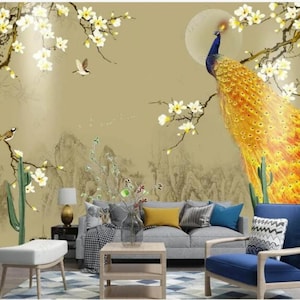 Hanging Magnolia Blossom Wallpaper Yellow Flowers with Flying Birds Gold Peacock Wall Murals Wall Decor