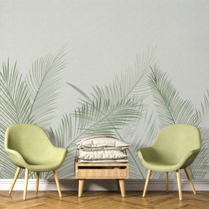 Simple Green Palm Leaves Wallpaper, Fresh Tropical Leaves Wall Murals for Living or Dinning Room