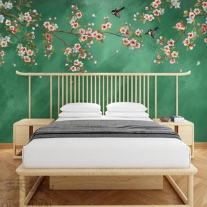 Chinoiserie Brushwork Hanging Cherry Flower Tree Wallpaper, Vivid Birds and Flowers Floral Wall Murals Wall Decor