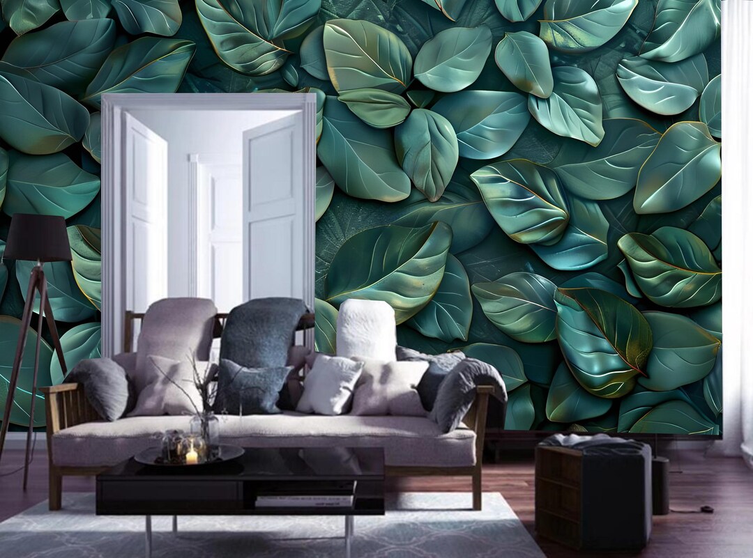 Dark Background Green Leaves Leaf Wallpaper Wall Mural Home Decor for ...