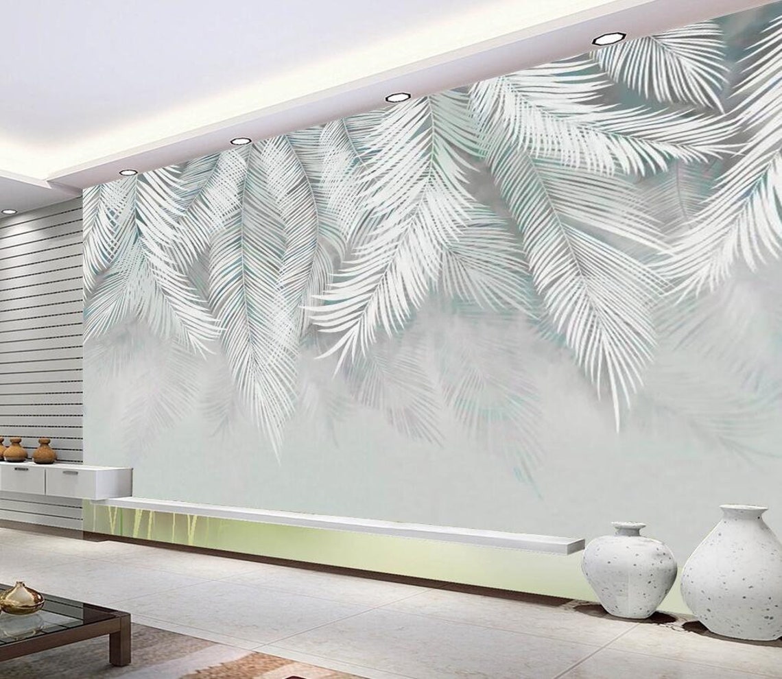 Custom Gray Leaf Wallpaper Mural Nordic Retro Tropical Plants Etsy