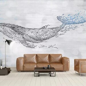 May include: A geometric whale illustration in black and blue on a white textured background. The whale is made up of connected lines and dots, creating a modern and abstract design. The image is suitable for a living room or bedroom.