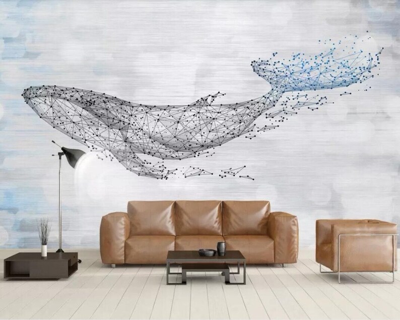 May include: A geometric whale illustration in black and blue on a white textured background. The whale is made up of connected lines and dots, creating a modern and abstract design. The image is suitable for a living room or bedroom.