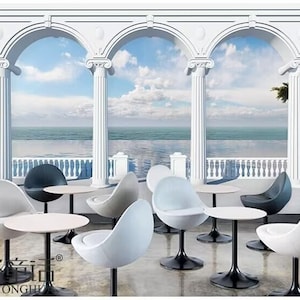Roman Column Blue Sky Mural: European Style Wallpaper (Peel and Stick)