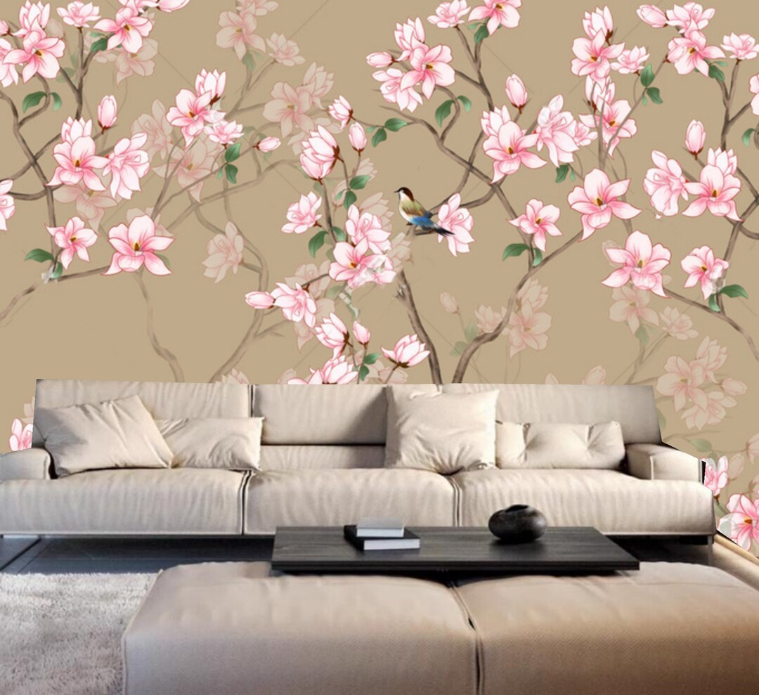 Chinoiserie Cherry Blossom Wallpaper Mural: Pink Floral Bird Wall Decor ...
